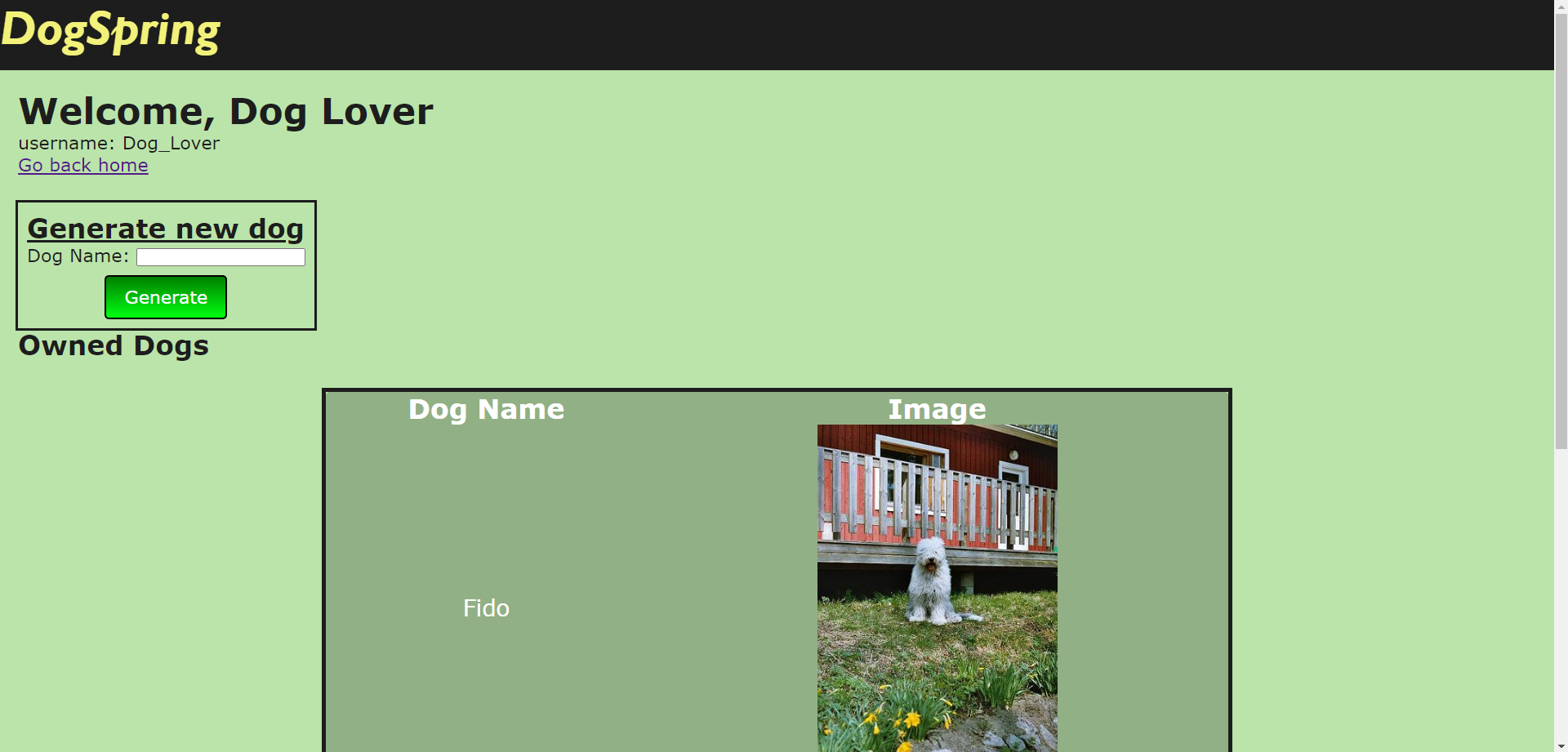 Image of the DogSpring user screen